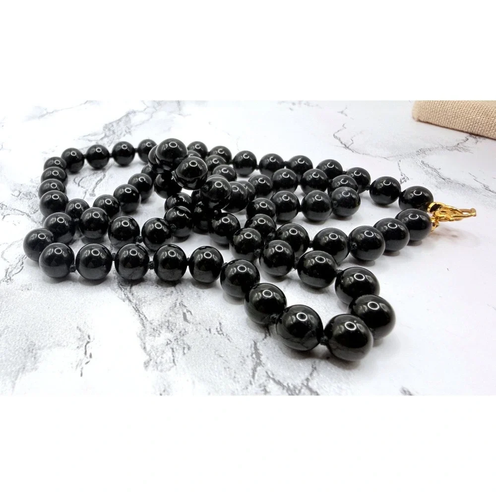 Vintage Signed Monet Black Glass Bead Necklace 23 Inch Gold Tone
